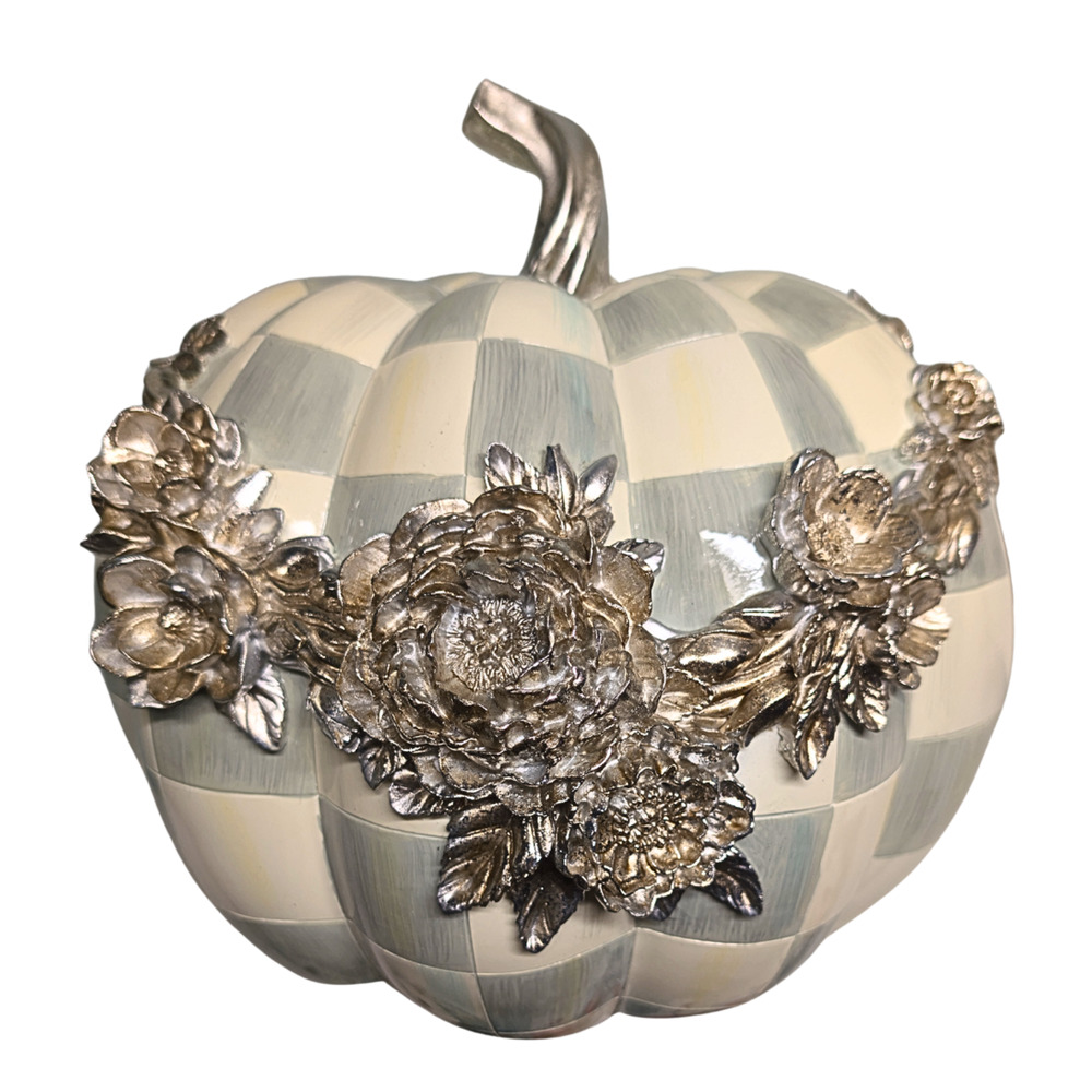 MacKenzie Childs Sterling Check Floral Garland Pumpkin Silver Accents 11.5"